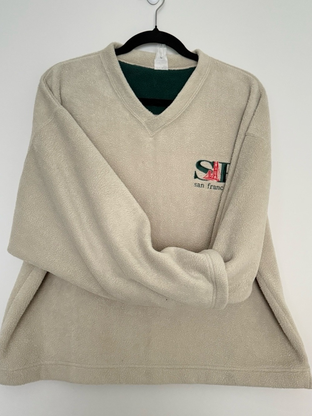 Vintage San Francisco Long sleeve Fleece V-Neck Pullover with Green Trim Size XL